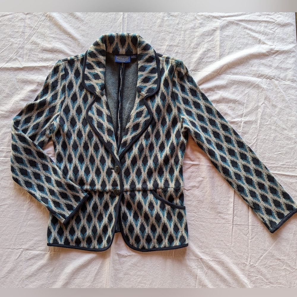 Pendleton Woolen Mills 100%Cotton Blazer Gray & Navy Ikat Tribal Petite SP